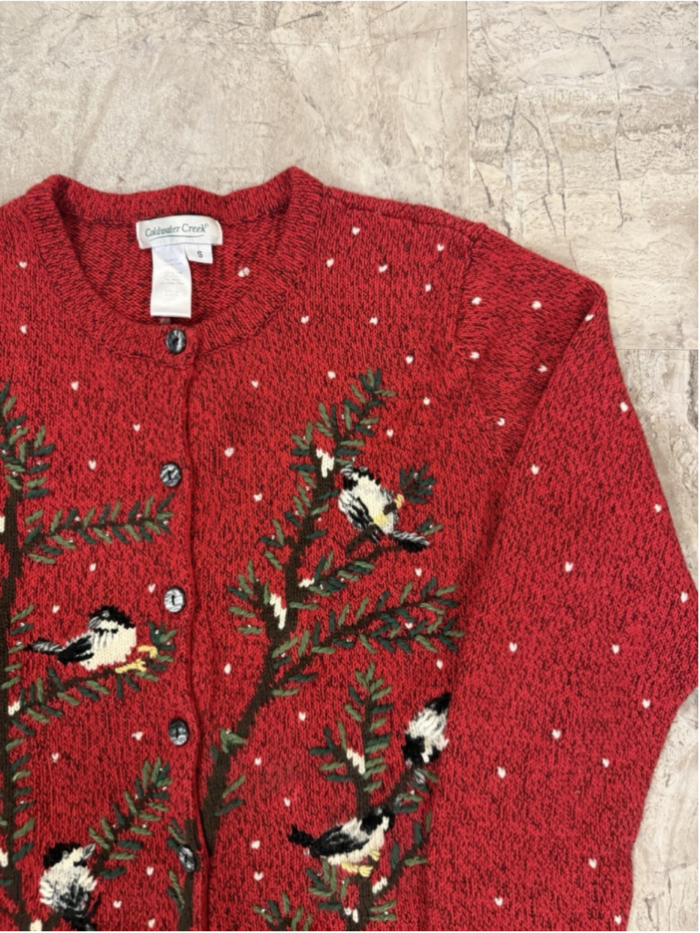 Coldwater Creek Bird Embroidered Red Cardigan Vintage Holiday Small Cottagecore